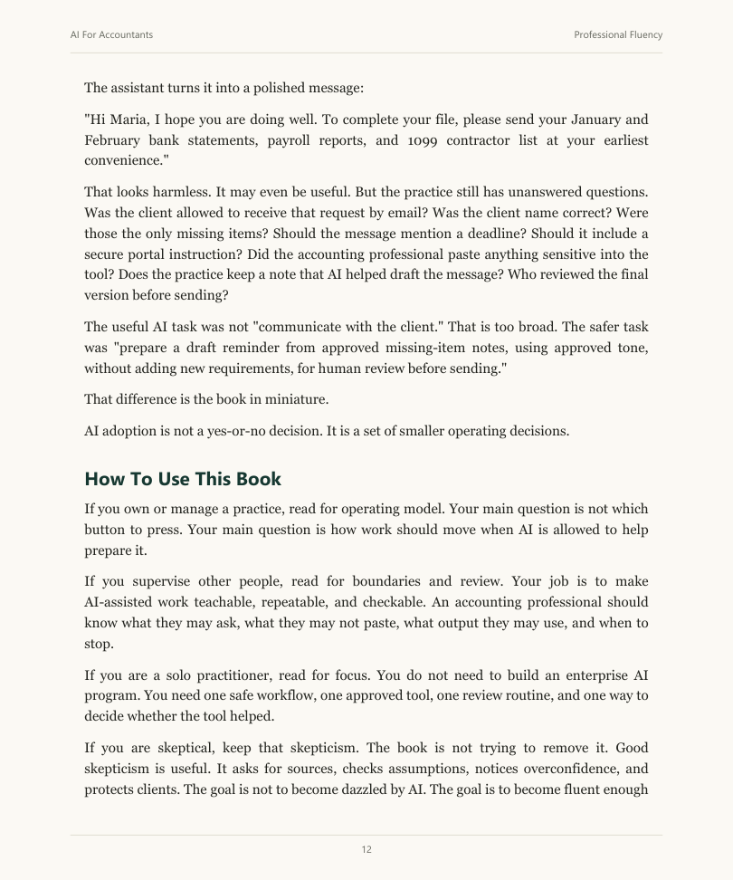 Preview page from AI For Accountants showing field-guide layout